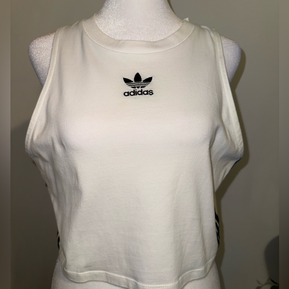 adidas White Cropped Tank with Black Trefoil Logo Size Large. Has not been worn